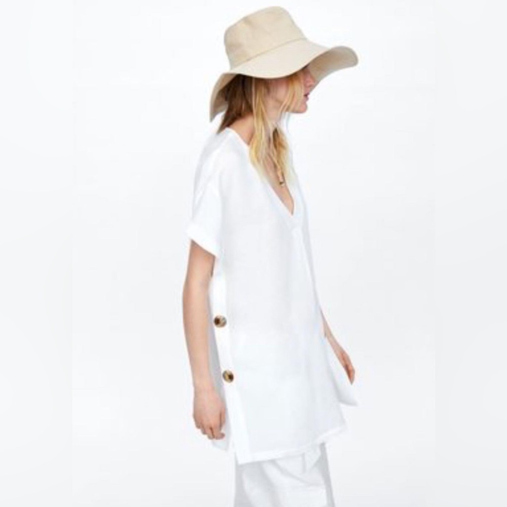 NWT ZARA LINEN Blend V neck Top Tunic Side Button‎ Details 3564/091 SMALL